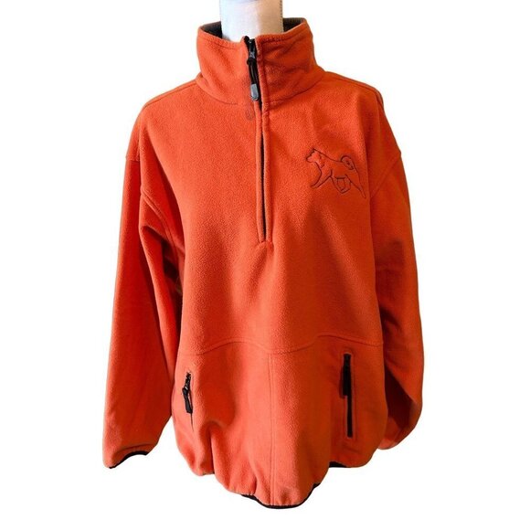 Devon & Jones Men's Sz Large Fleece Sweater Orange 2 Pockets 1/4 Zip Husky Dog - Picture 1 of 11